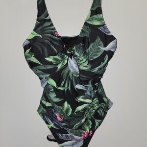 Kona Sol Black One-Piece Swimsuit with Green Tropical Leaf Print